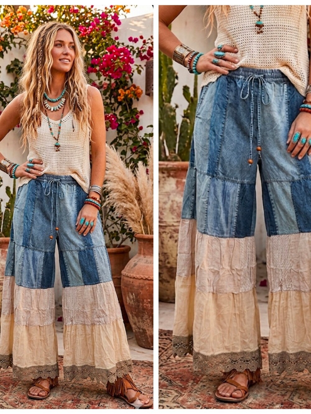 Boho Patchwork Wide Leg Crochet Trim Pants - Cream & Denim